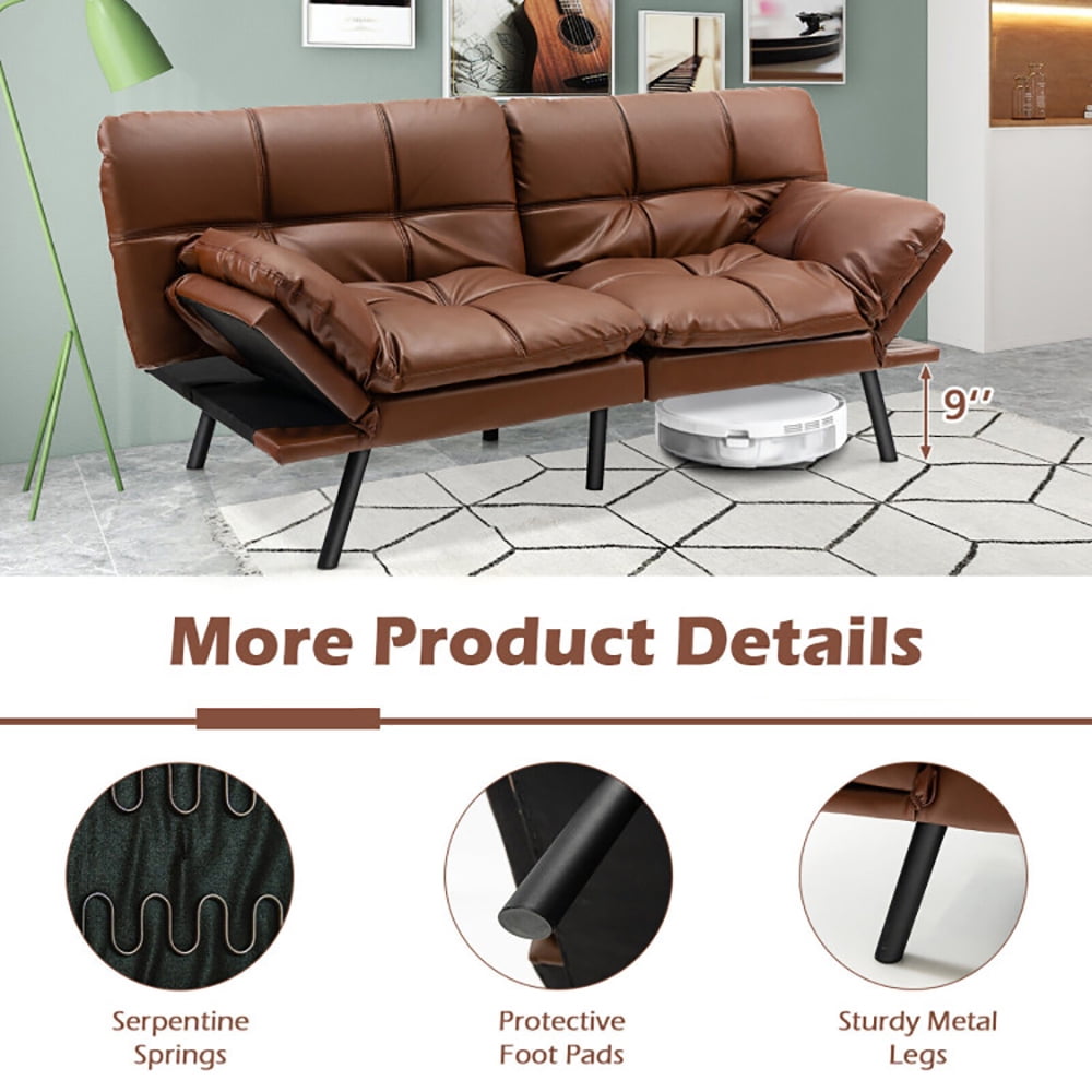 Finihen Sofa Bed, Convertible Memory Foam Couch Bed, Convertible Memory Foam Futon Sofa Bed with Adjustable Armrest, for Living Room, Brown