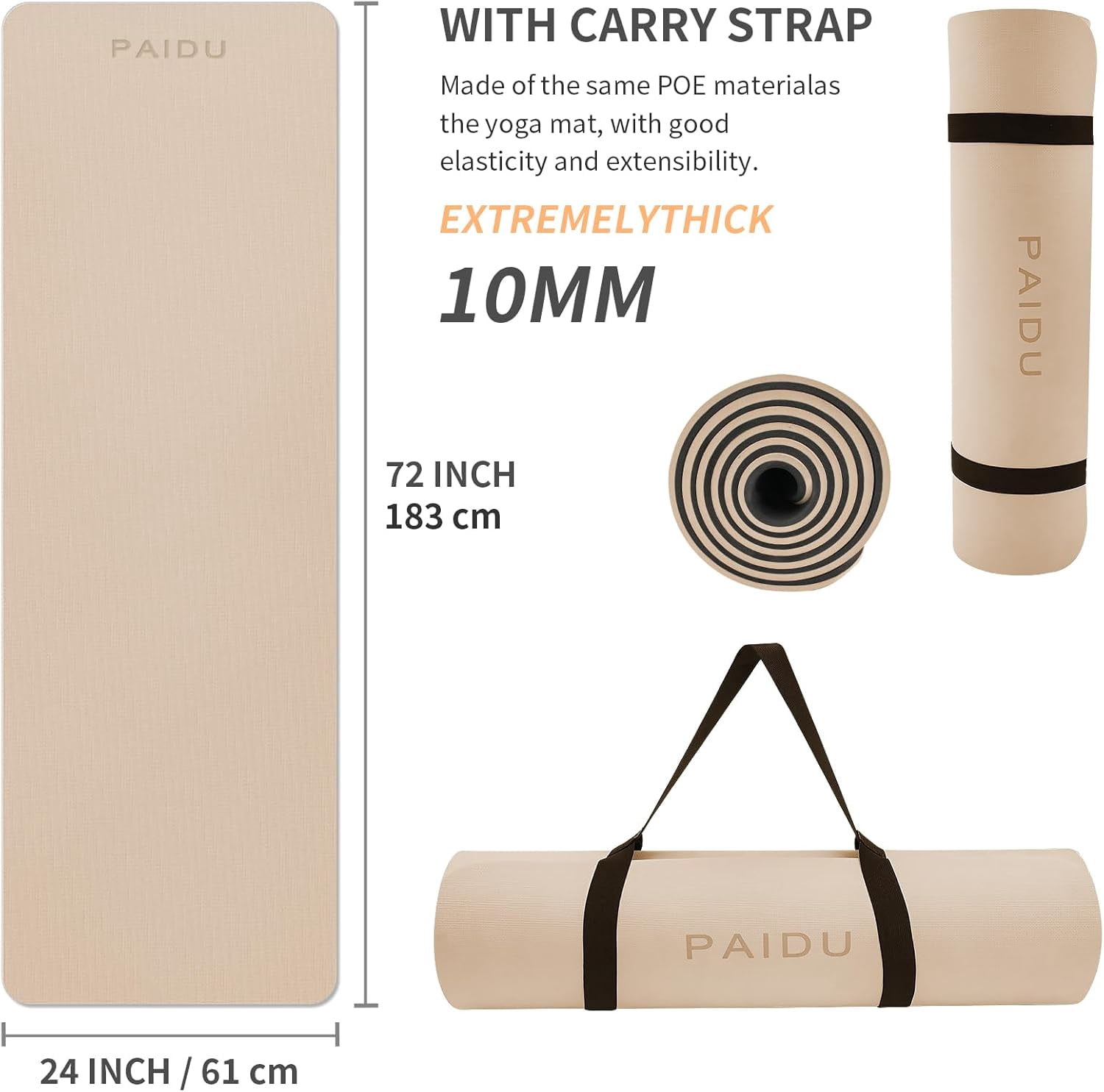 Yoga Mat Non Slip Anti-tear,extra thick-2/5 inch（10MM）High Resiliency Professional POE Yoga Mats for Women Men Kids,72"x24"inch,Workout, Yoga, Pilates and Floor Exercise, with Carrier Strap