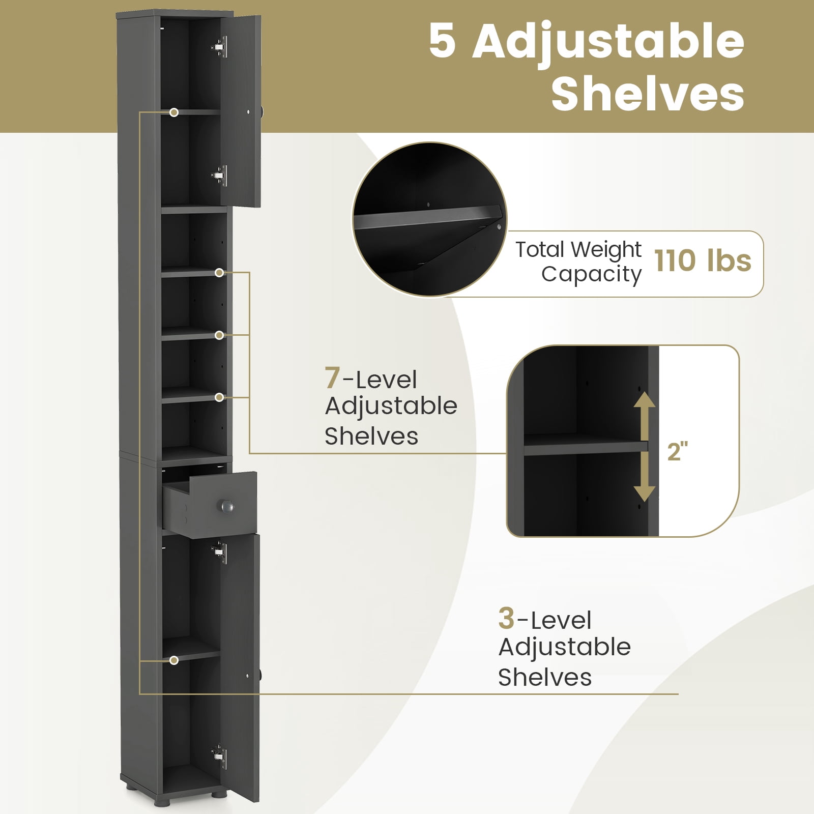 Gymax Tall Slim Bathroom Storage Cabinet Linen Tower w/Drawer Adjustable Shelves Gray