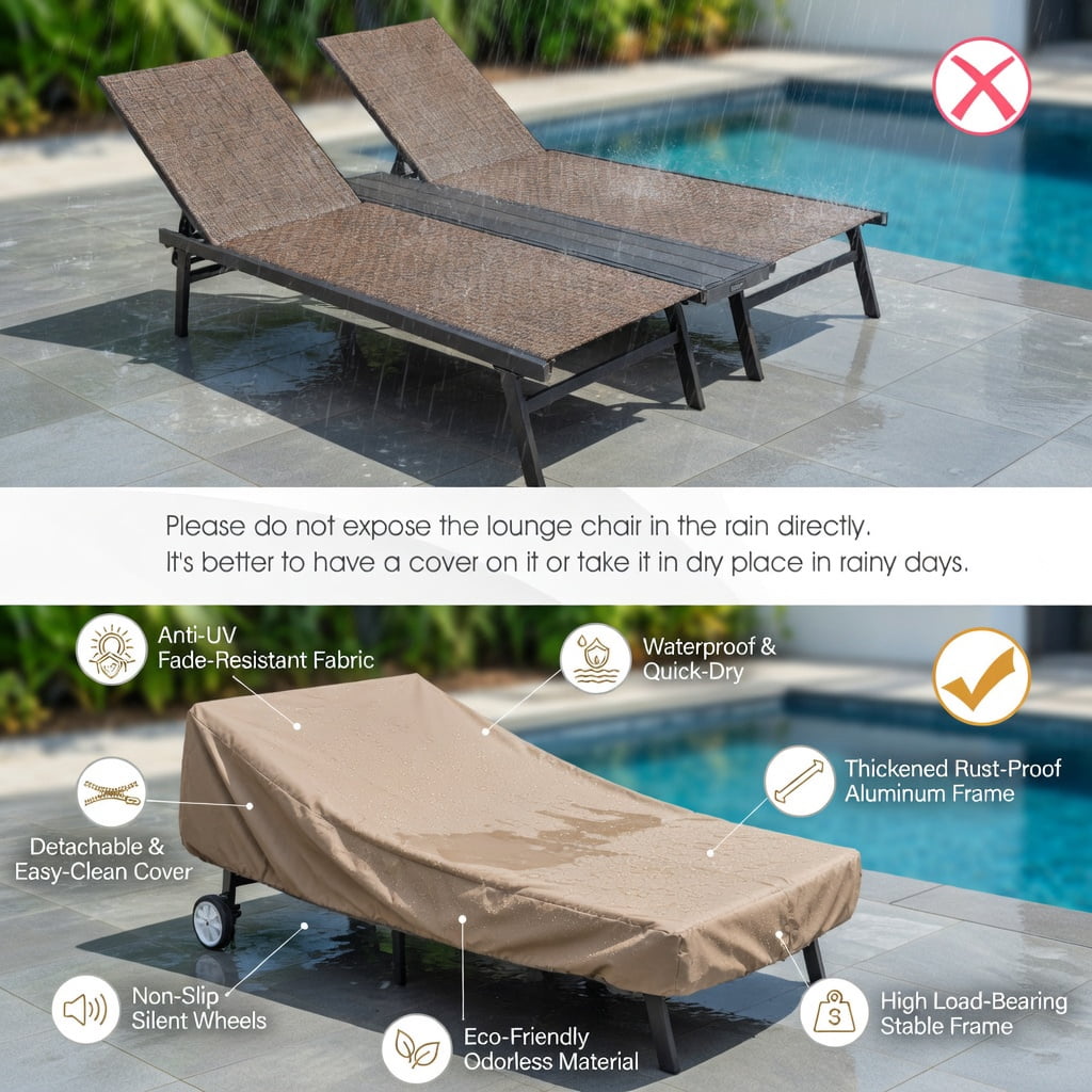 Hommoo 2-Person Adjustable Outdoor Chaise Lounge Chair with Weatherproof Center Tray, Steel Patio Recliner for Backyard, Poolside, or Deck, Brown