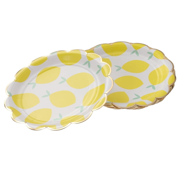 KAKOWELY 8 platos de papel redondos de 18 cm con estampado de limón amarillo, desechables, con estampado en caliente, para fiestas, carnavales y festivales.