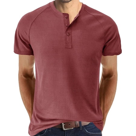 SWSMCLT Men s Waffle Knit Slim Fit Henley Shirt Tee Short Sleeve T Shirt Summer Top Basic Tshirt 3 Button Casual Soft Red Large