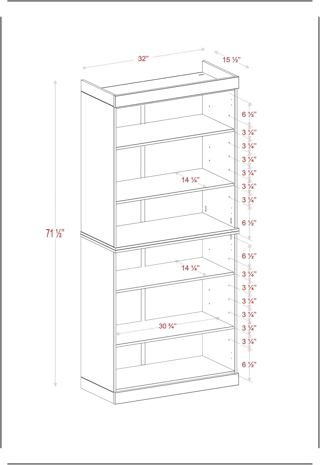 Solid Wood Bookcase - Stackable Modular 6 Tier Bookshelf - 71.5" Tall x 32" Wide - Beige Book Shelf w/ Adjustable Shelves, Open Display Book Case for Living Room, Office, 100% Eco-Friendly Wood