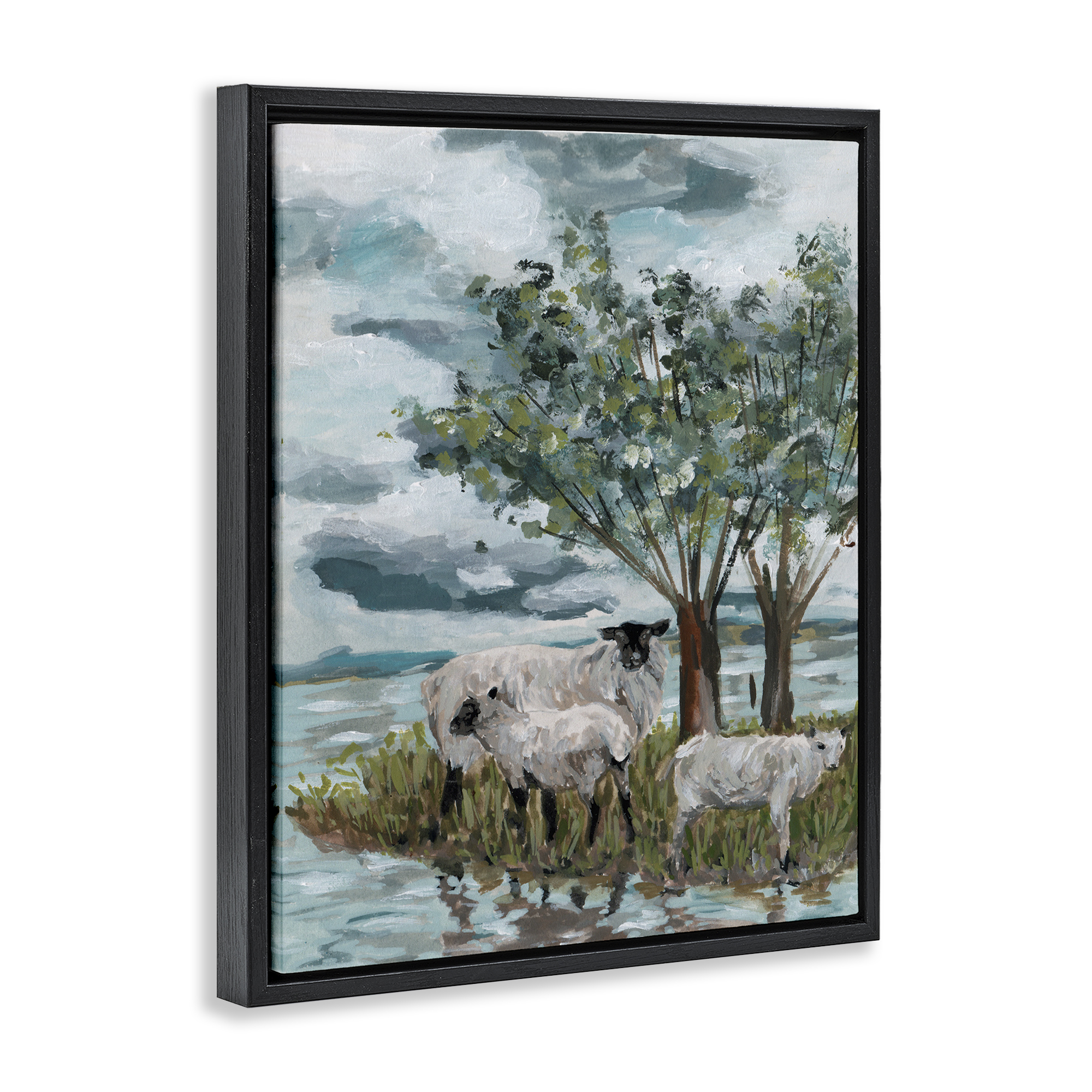 Stupell Industries Traditional Sheep Scene Landscape Painting Black Floater Framed Canvas Art Print Wall Art, 25 x 31