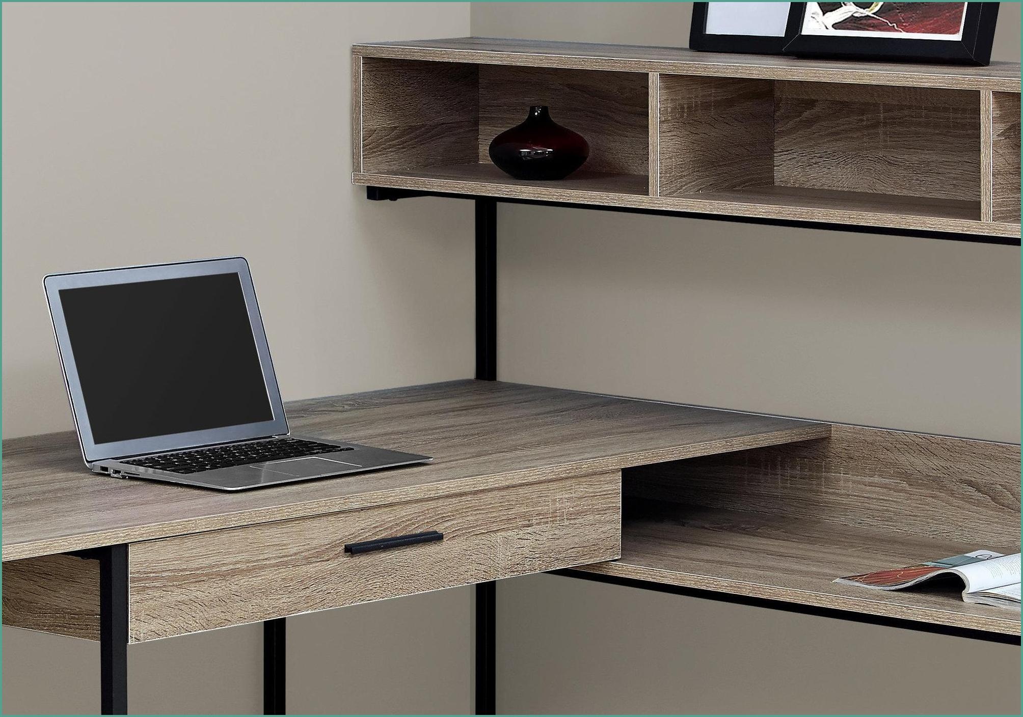 Desks, L-Shaped Corner Home Office Desk with Storage, Modern Dark Taupe Laminate Black Metal | Taupe | MDF