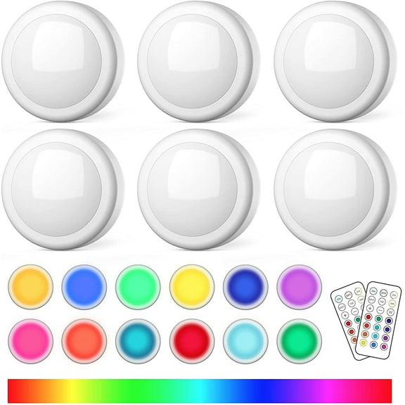 Puck Lights with Remote Control, Battery Operated LED Push Light Wireless, 13 Color RGB - for Closet, Bedroom Wall, Under Cabinet, Powered Lights. Convenient Stick On, 6 Pack