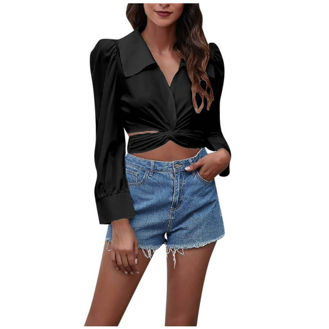 IROINID Rabais Chemises à Manches Longues Col en V pour Femmes devant Croisé derrière Bandage Manches Bouffantes Hauts Courts Chemise Blouse Chemise de Poupée, Noir