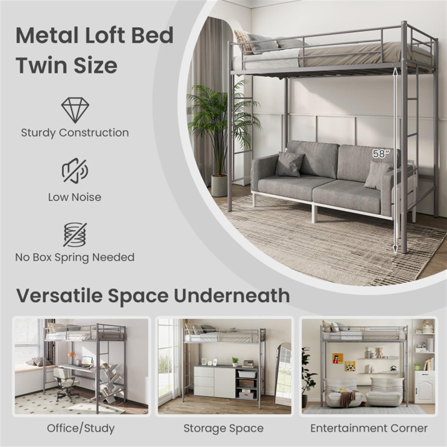 Demi Bonn Metal Twin Loft Bed Frame with 2 Ladders Full-length Guardrail for Teens, Silver