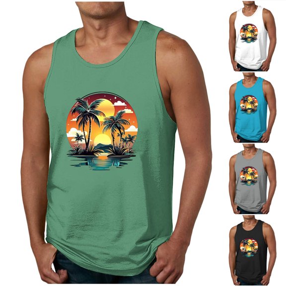 Xcmzpl Men's Tropical Print Crew Neck Tank Top Sleeveless Beach Graphic Tees Hawaiian Soft Stretch Casual Workout Undershirt
