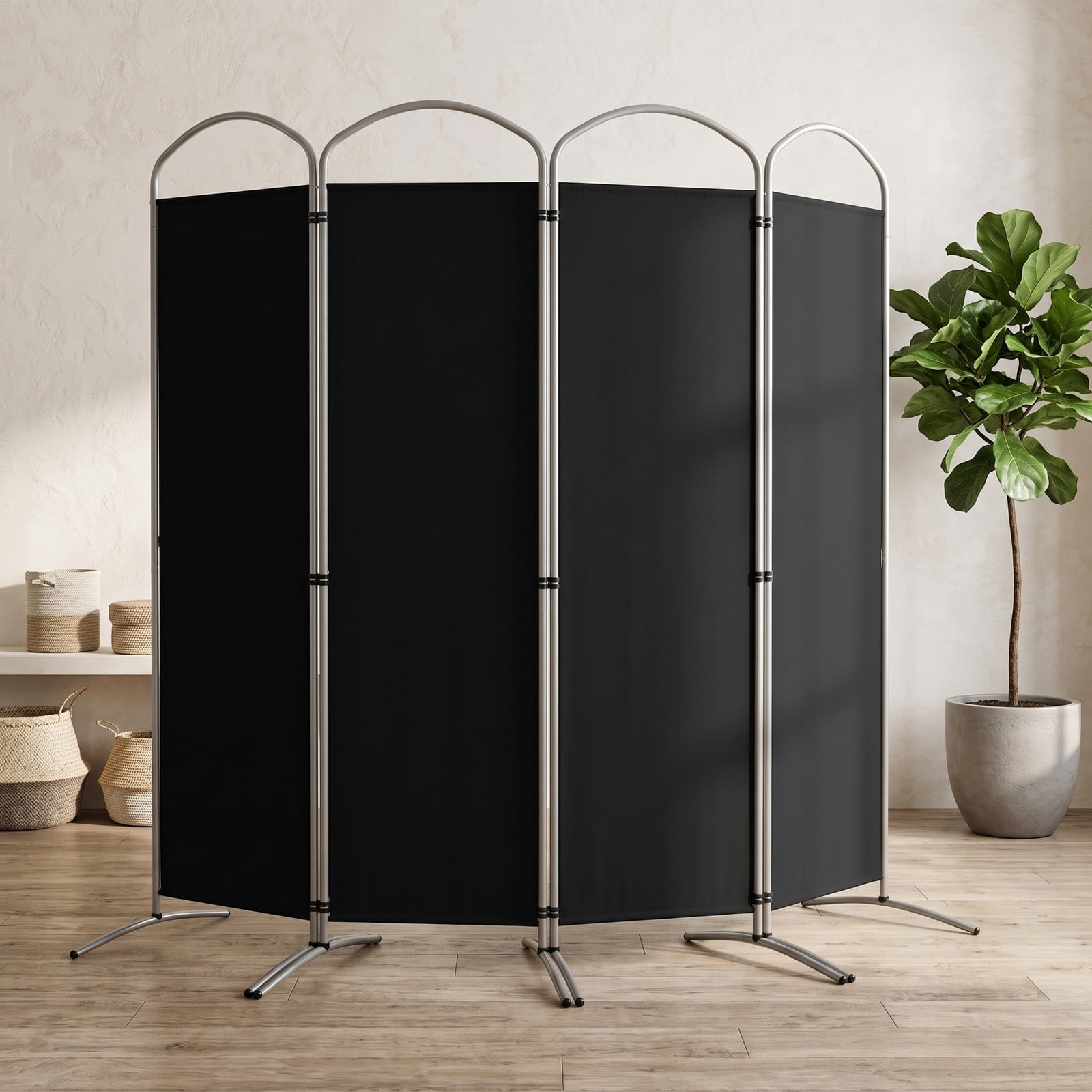 ALPULON 6.2Ft Folding 4-Panel Room Divider Freestanding Privacy Screen Partition for Home Office Living Room Bedroom, Polyester Fabric with Metal Base, Black