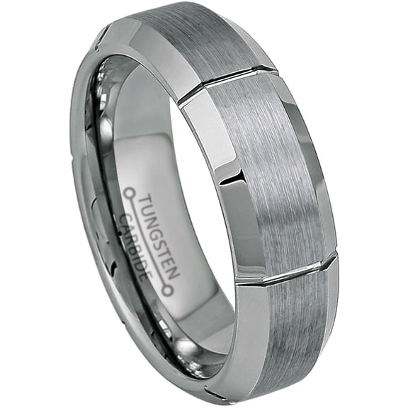 7mm Mens Tungsten Wedding Band, Brushed Center with Grooves, Beveled Edge Promise Ring - TN001s9