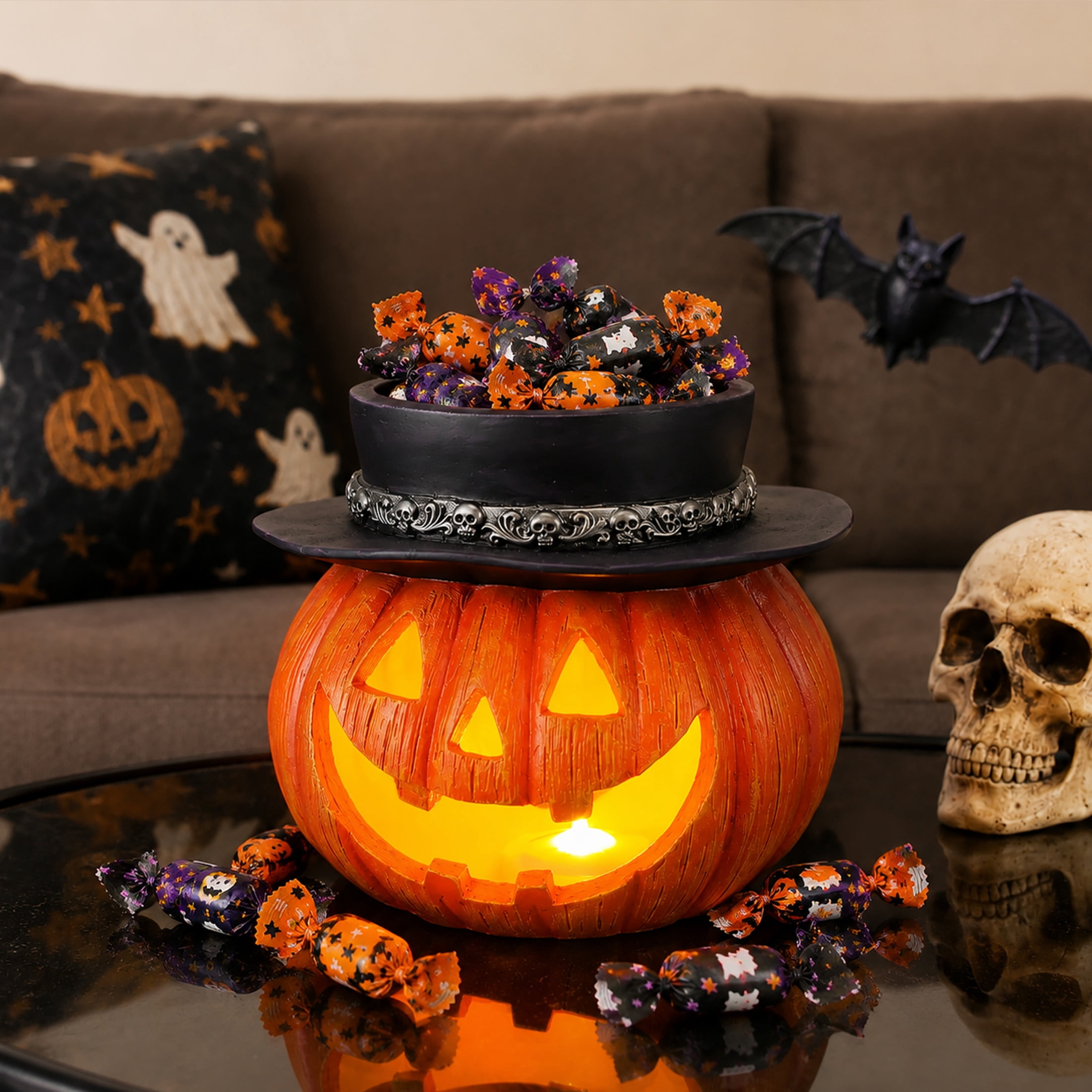Noble House Light-Up Halloween Pumpkin Candy Bowl with Witch Hat & LED Jack-O'-Lantern, Spooky Decoration, Black