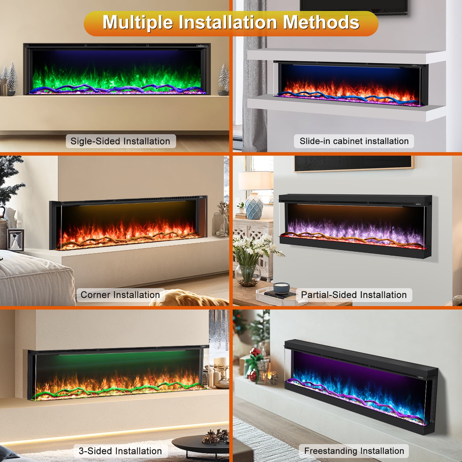 OSEYM 3 Sided Electric Fireplace 80 inch, Smart Built-in Linear Fire Places Heater 1500/750W with 251RGB LED Flames, APP & Remote Control, Cracking Sound, Timer, Log & Crystal