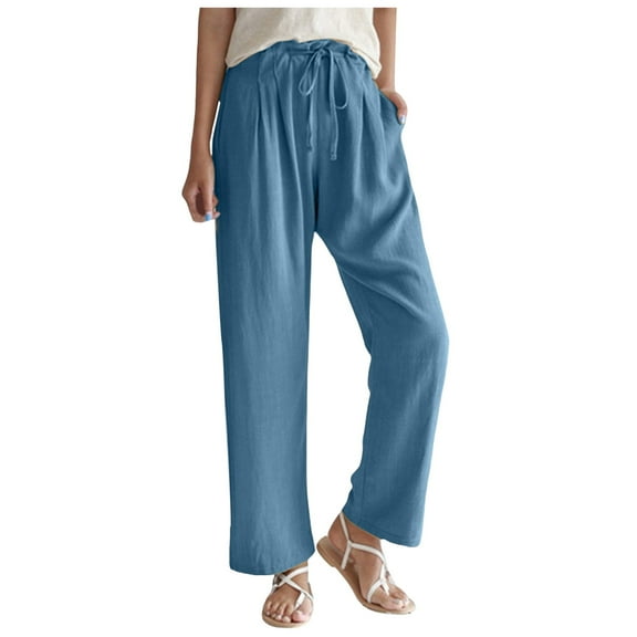 Travel Outfits Women Airport High Waisted Pants For Women 2024 Linen Drawstring Pants Summer Lightweight Straight Leg Baggy Dress for Yoga Work Casual Short Pant Suits Blue S
