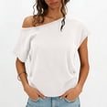 thumbnail image 3 of Craaazy Womens Short Sleeve Shirts Plus Size Loose Fit Solid Color Asymmetrical Neck Off The Shoulder Tops for Casual Summer, 3 of 9