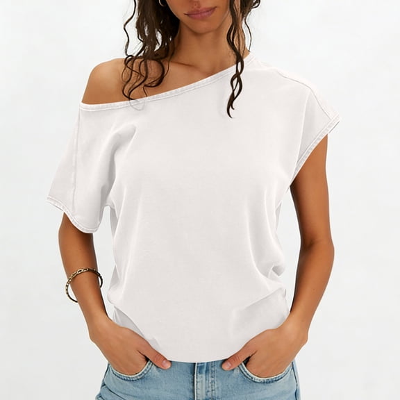 TEAJOPSUU Tops for Women Trendy Asymmetric One Shoulder Short Sleeve Solid Color Blouses Loose Fit Breathable for Daily Wear and Summer Street Style White