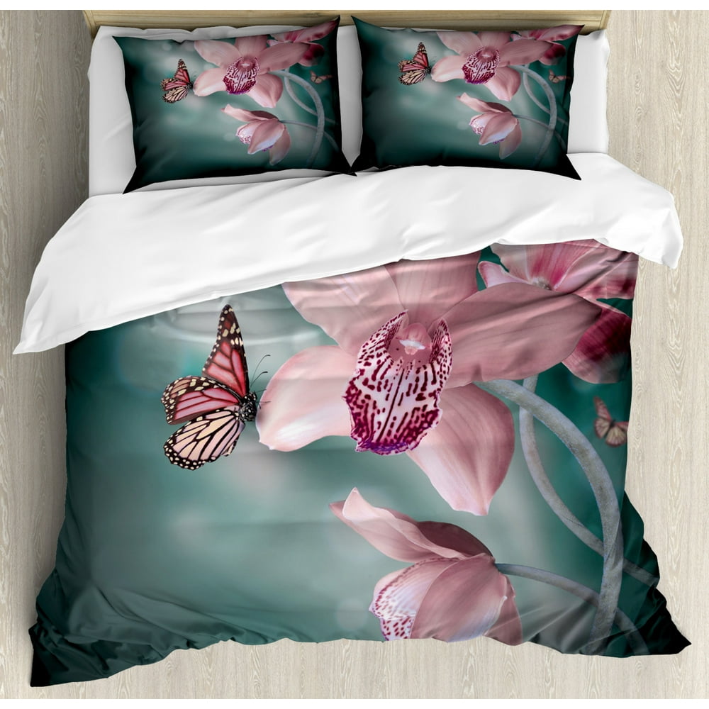 Floral Duvet Cover Set King Size, Orchid Flower with Butterfly Soft