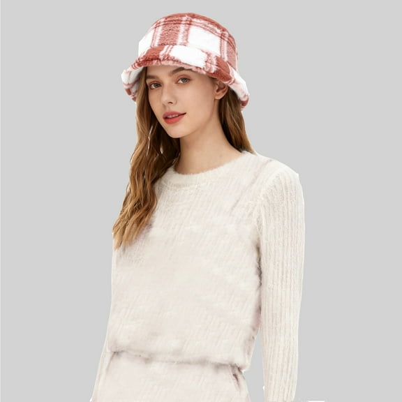 Plaid Thickened Plush Fisherman Hat, Warm Winter Bucket Hat with Faux Shearling, Unisex Cold Weather Outdoor Cap, Soft Fleece Lined Sun Hat for Autumn and Winter, Casual Checkered Bucket Hat - A