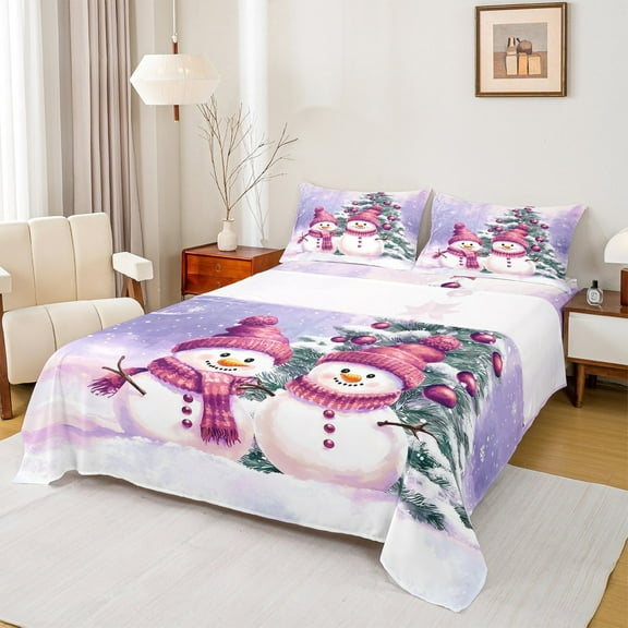 Manfei Christmas Snowman Child Twin Sheet Sets, Rustic Farmhouse Tree Twin Fitted Sheet, Winter Western Festival Flat Sheet, Breathable Home Decor, 3pcs
