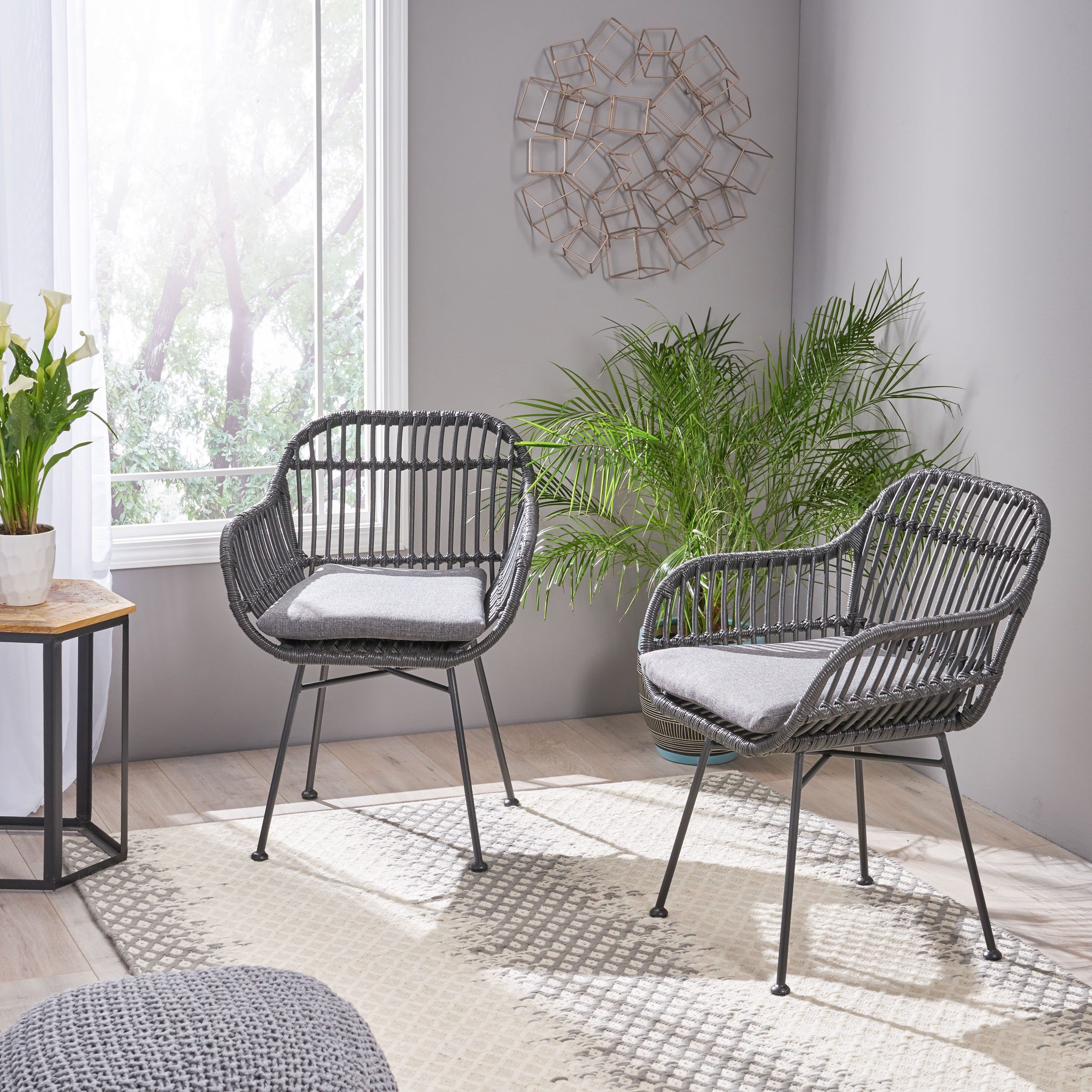 Euroco Set of 2 Modern PE Rattan Accent Chairs with Water-Resistant Cushions and Black Steel Frame