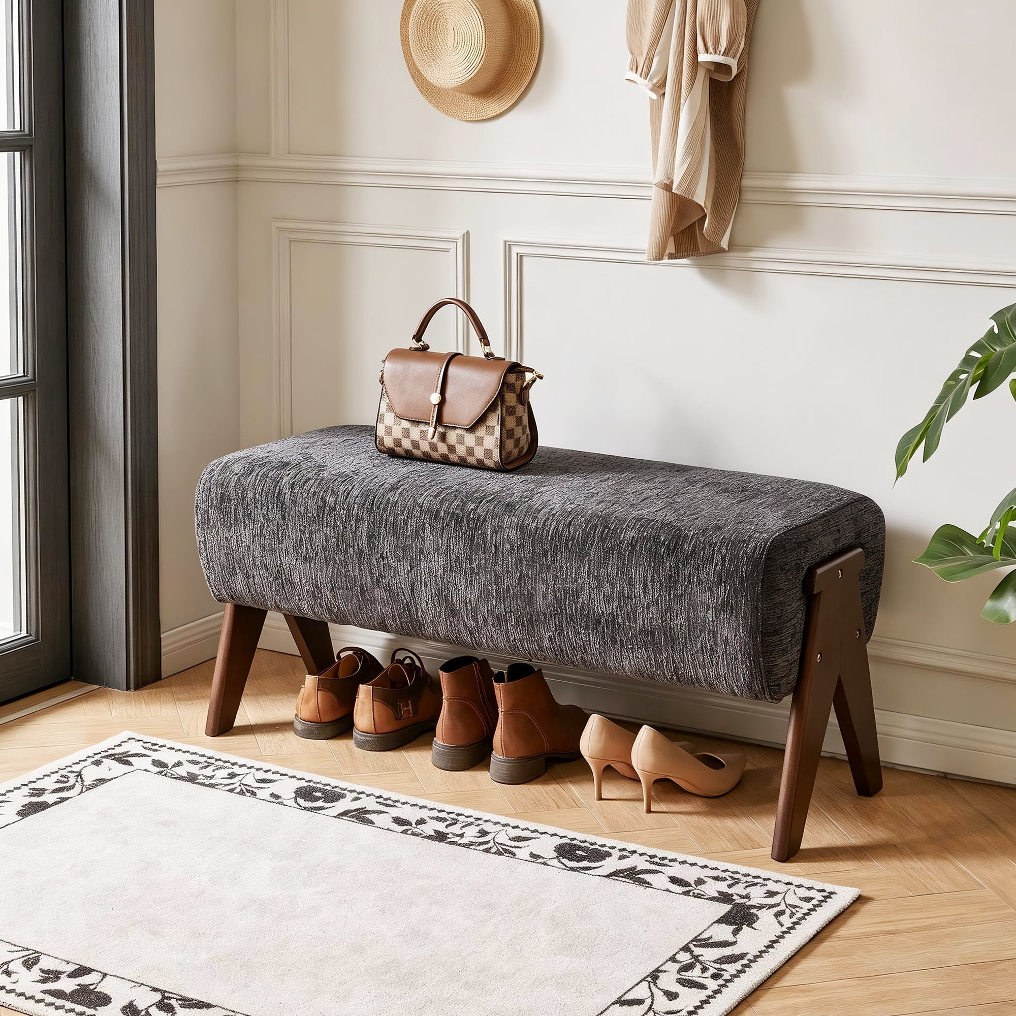 Leumius Chenille Bench,Modern Upholstered with Ergonomic Padded and Solid Wood Legs,Ottoman Bench for Foyer Bedroom Living Space,Entry,Gray