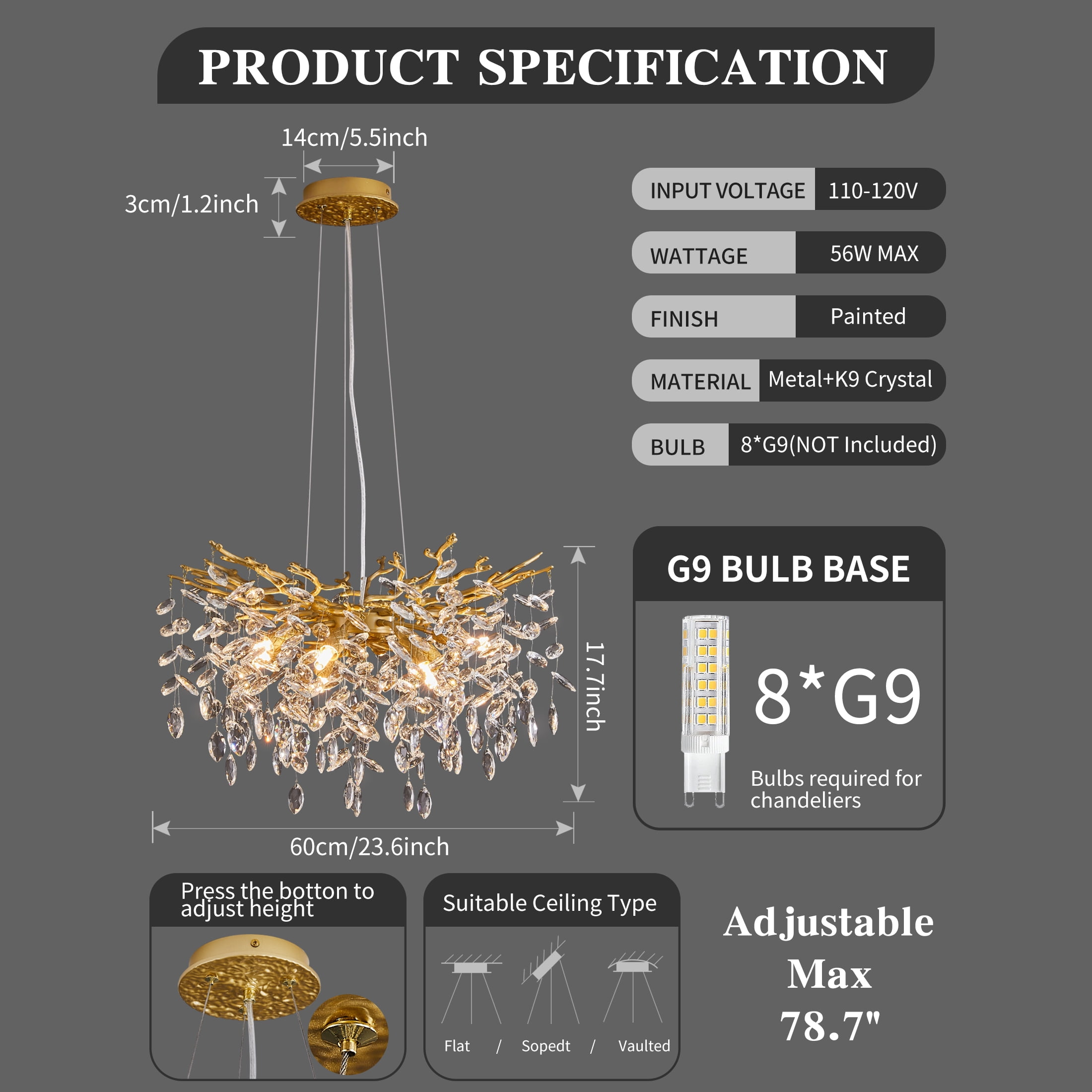 Modern Tree Branch Crystal Chandelier Luxury Gold Crystal Pendant Lighting 23.6" Contemporary 8-Light Chandeliers for Dining Room Kitchen Bedroom Living Room
