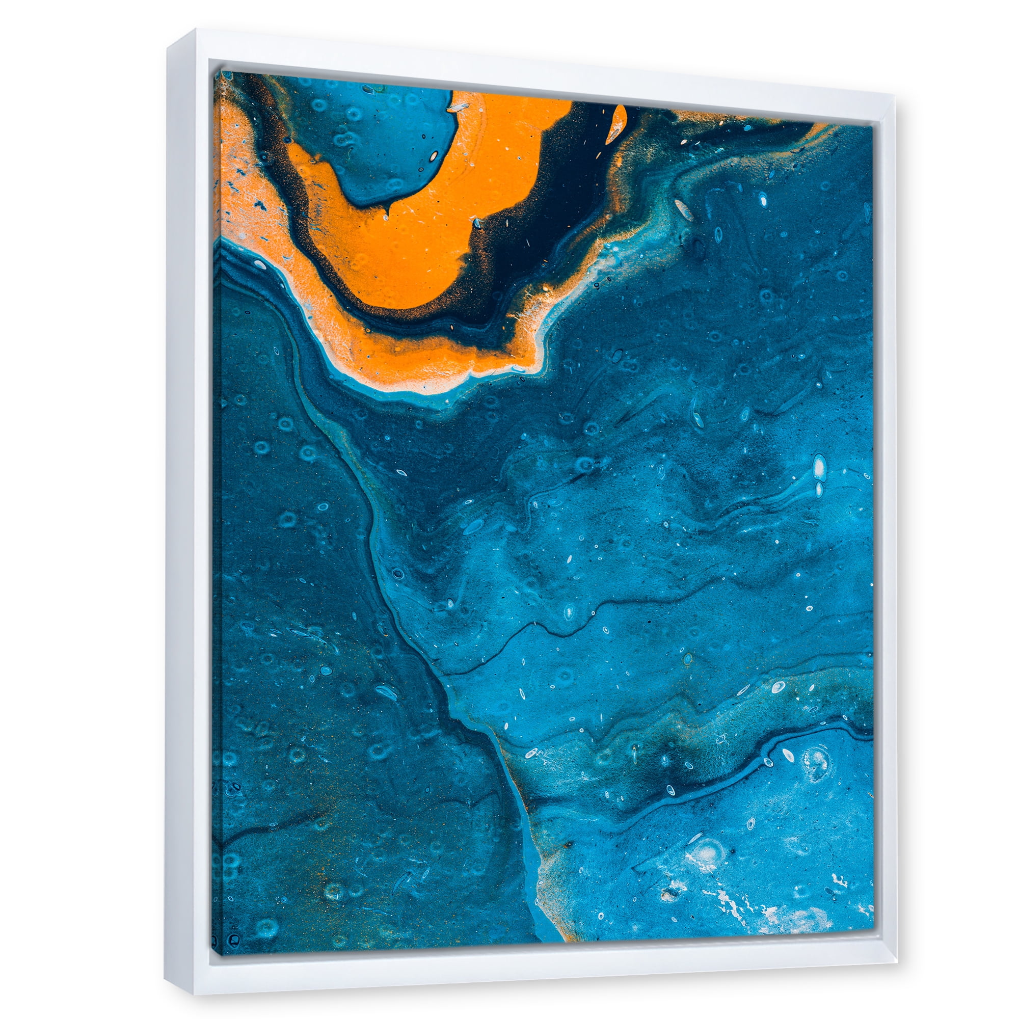 Designart 'Abstract Marble Composition In Orange and Blue III' Modern Framed Canvas Wall Art Print