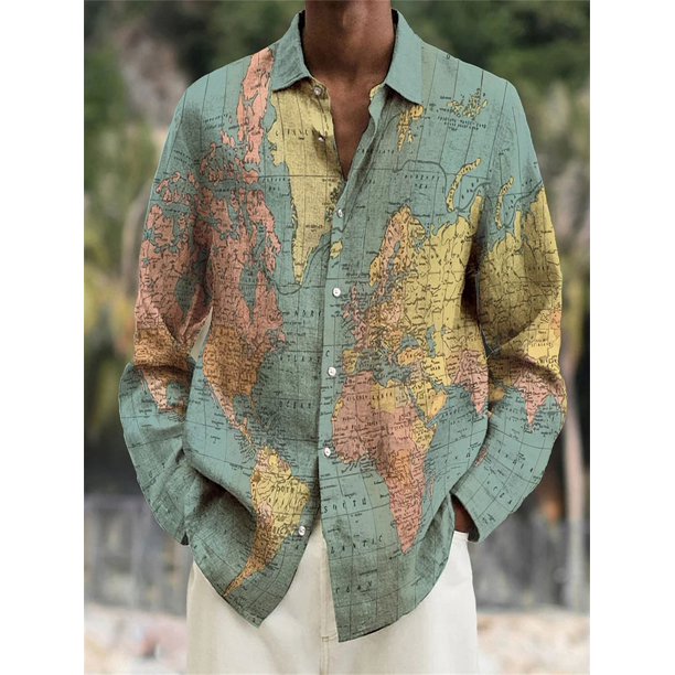 Camisa de hombre de manga larga con solapa, suelta, informal, para exteriores, primavera y verano, material de alta calidad, costura de mapa, cuadros, impresión 3D, talla grande