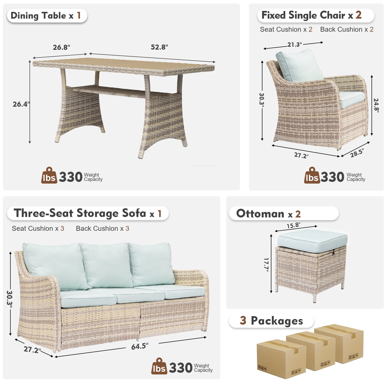 MEISSALIVVE 6 Pieces Patio Furniture Set with Dining Table, Outdoor Wicker Conversation Set with Fixed Chairs, Wicker Armrest, 2 Ottomans, Blue