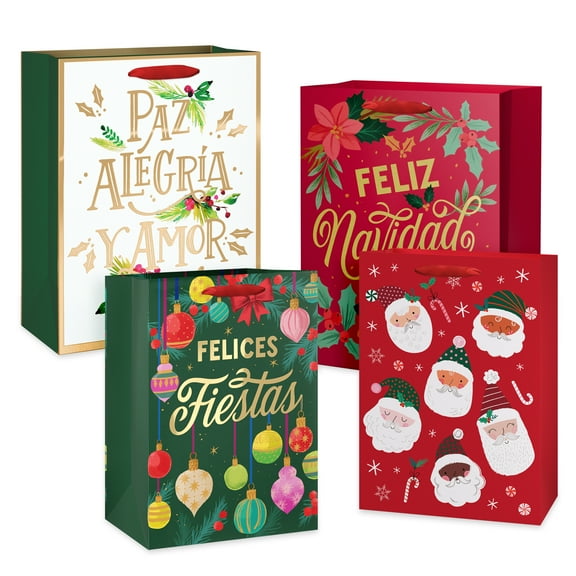 American Greetings Christmas Gift Bags with Handles, Feliz Navidad (4 Bags, 2 Medium 10", 2 Large 12.75")