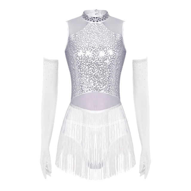 Aislor Robe de Danse de Salon pour Femmes Robe à Franges avec Strass et Sequins avec 1 Paire de Gants Blanc TG