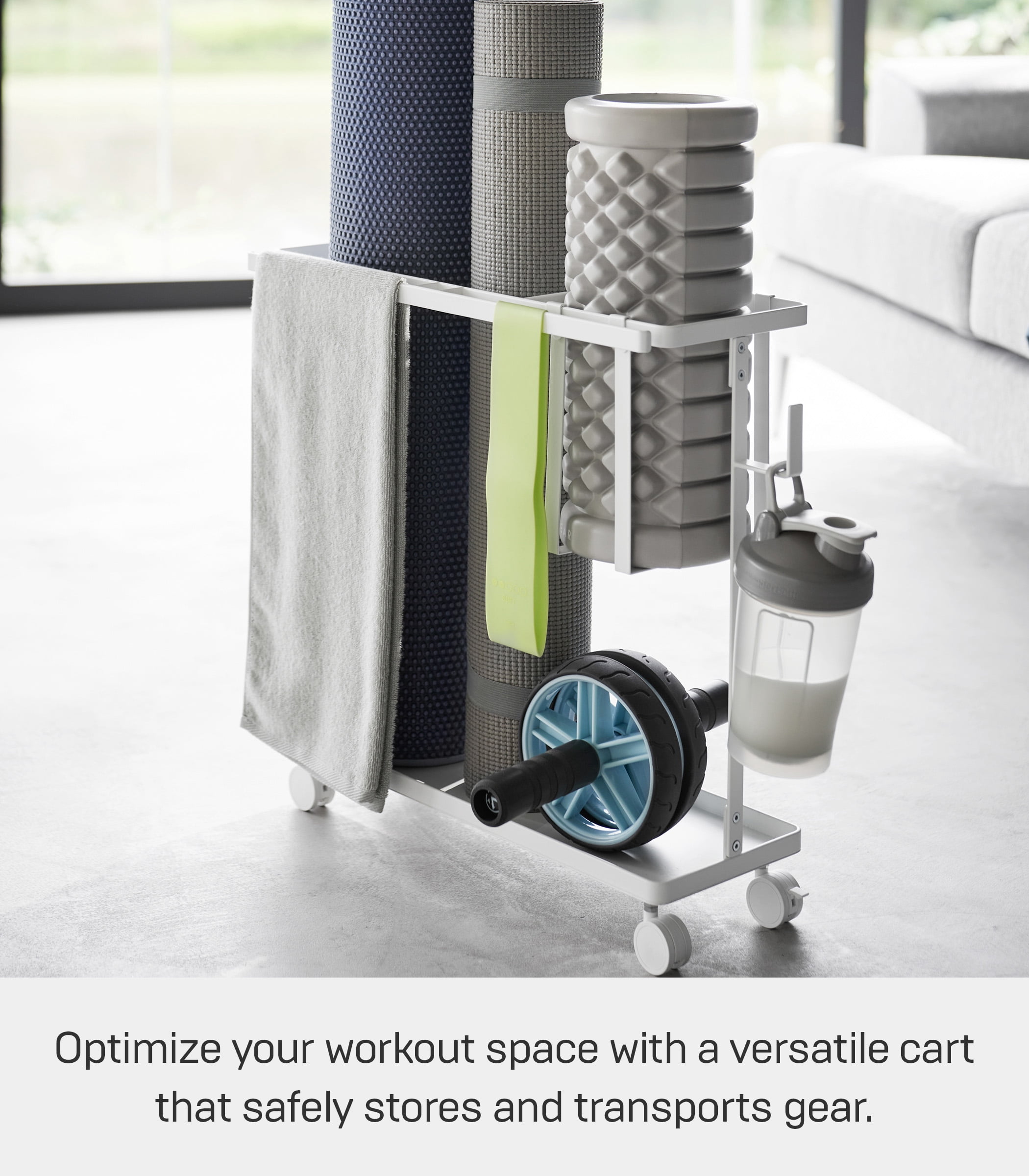 Yamazaki Home Fitness Equipment Storage Cart, White, Steel, Supports 16.5 pounds, Wheels, Adjustable