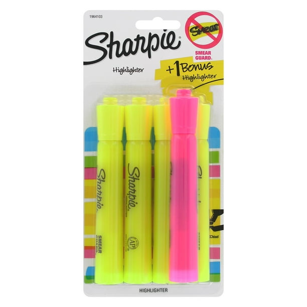 Sharpie Highlighters, Chisel Tip, Fluorescent Yellow & Pink, 4 + 1