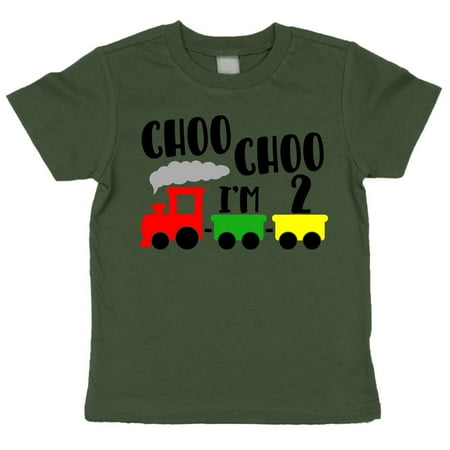 

Olive Loves Apple Choo Choo I m Two Boys 2nd Birthday T-Shirts for Baby Boys Second Birthday Outfit Black on Military Green Shirt 2T