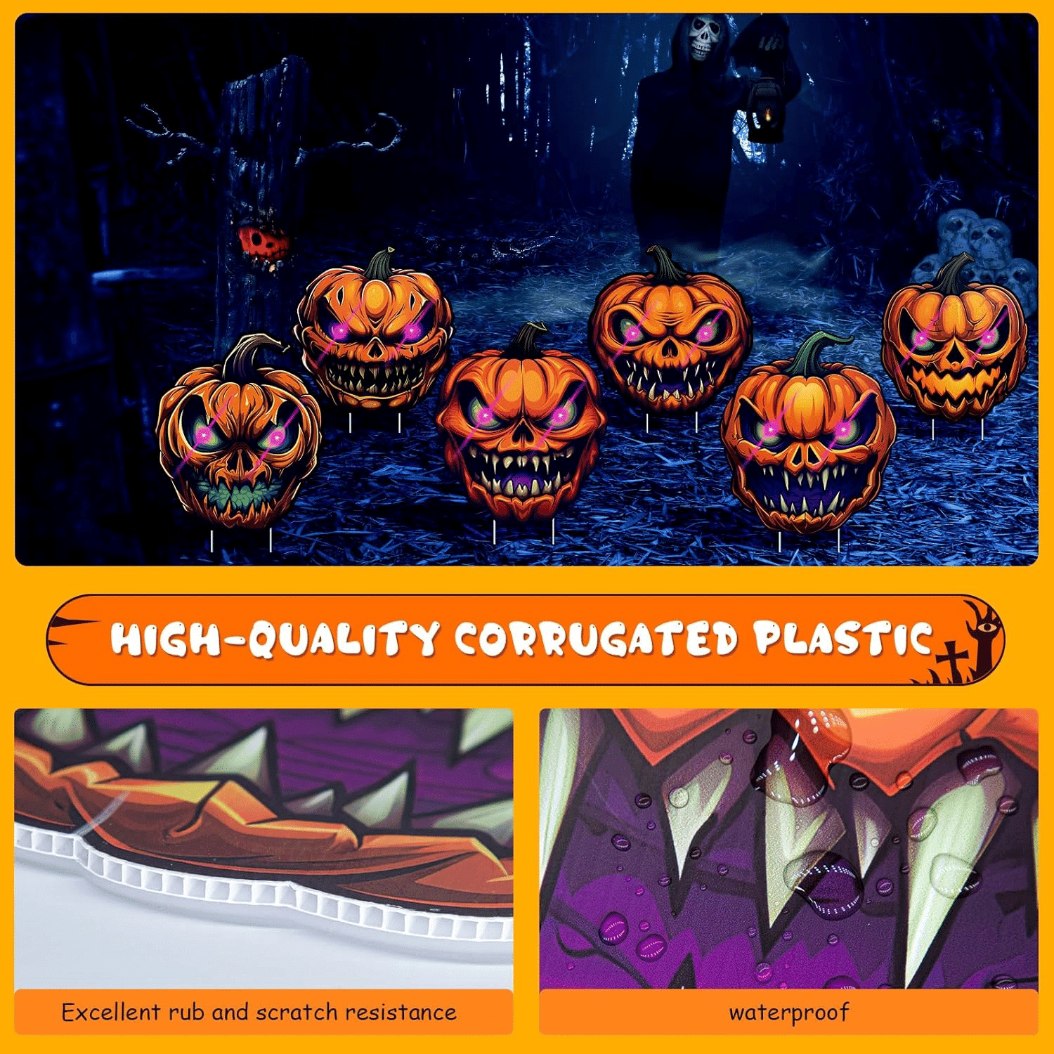 6 Pack Glow-in-the-Dark Pumpkin Yard Signs for Outdoor Halloween Lawn Decor