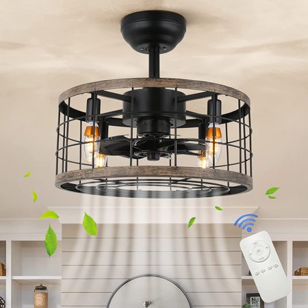 

GEDUBIUBOO 52 Industrial Caged Ceiling Fan Light with Remote Control Vintage Ceiling Fan Light Farmhouse Matte Black Retro Indoor Fandelier with 5 Reversible Wood Blades for Living R