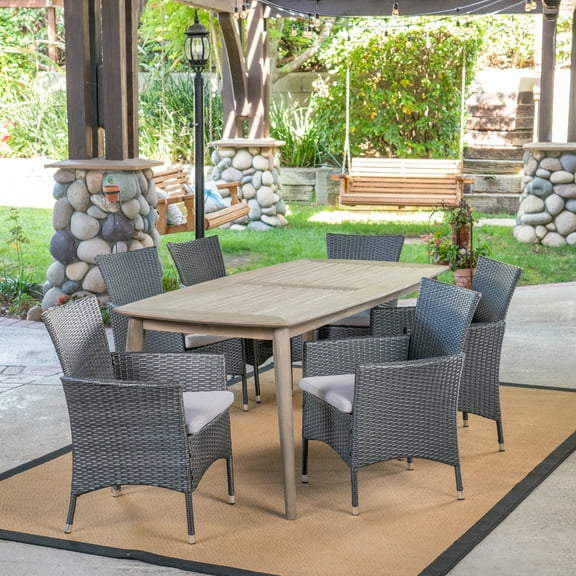 Jessie Outdoor 7 Piece Wicker Dining Set with Rectangular Acacia Wood Dining Table and Cushions, Gray, Gray, Silver