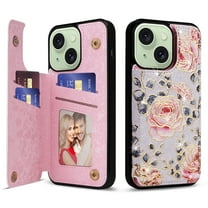 Feishell Case for iPhone 14 Floral Pattern Wallet Case for Women Girls with Card Holder & Kickstand, PU Leather Shockproof Flip Cover with RFID Blocking Magnetic Clasp Phone Case - Rose
