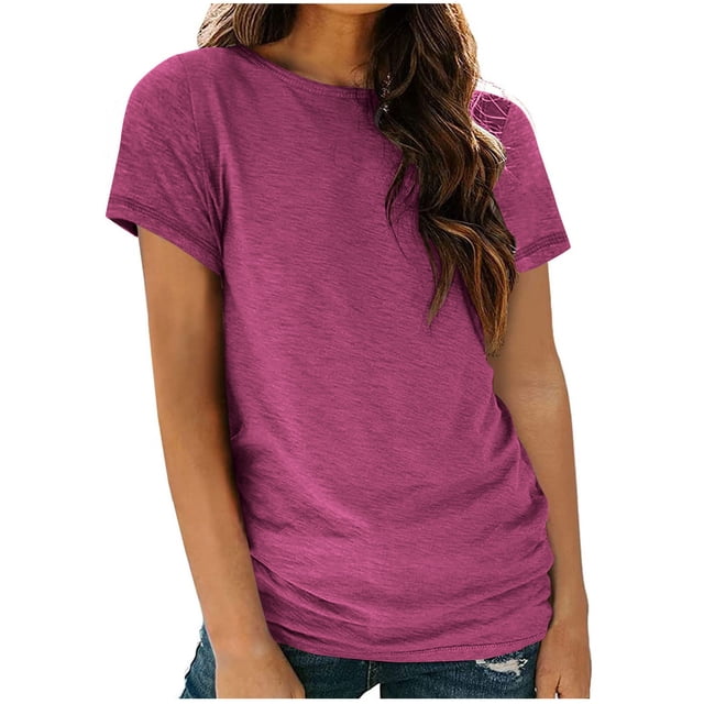 AherBiu Womens Tops Basic Solid Color Casual Crewneck Short Sleeve Loose Fitting Comfy Tops Tees Shirts