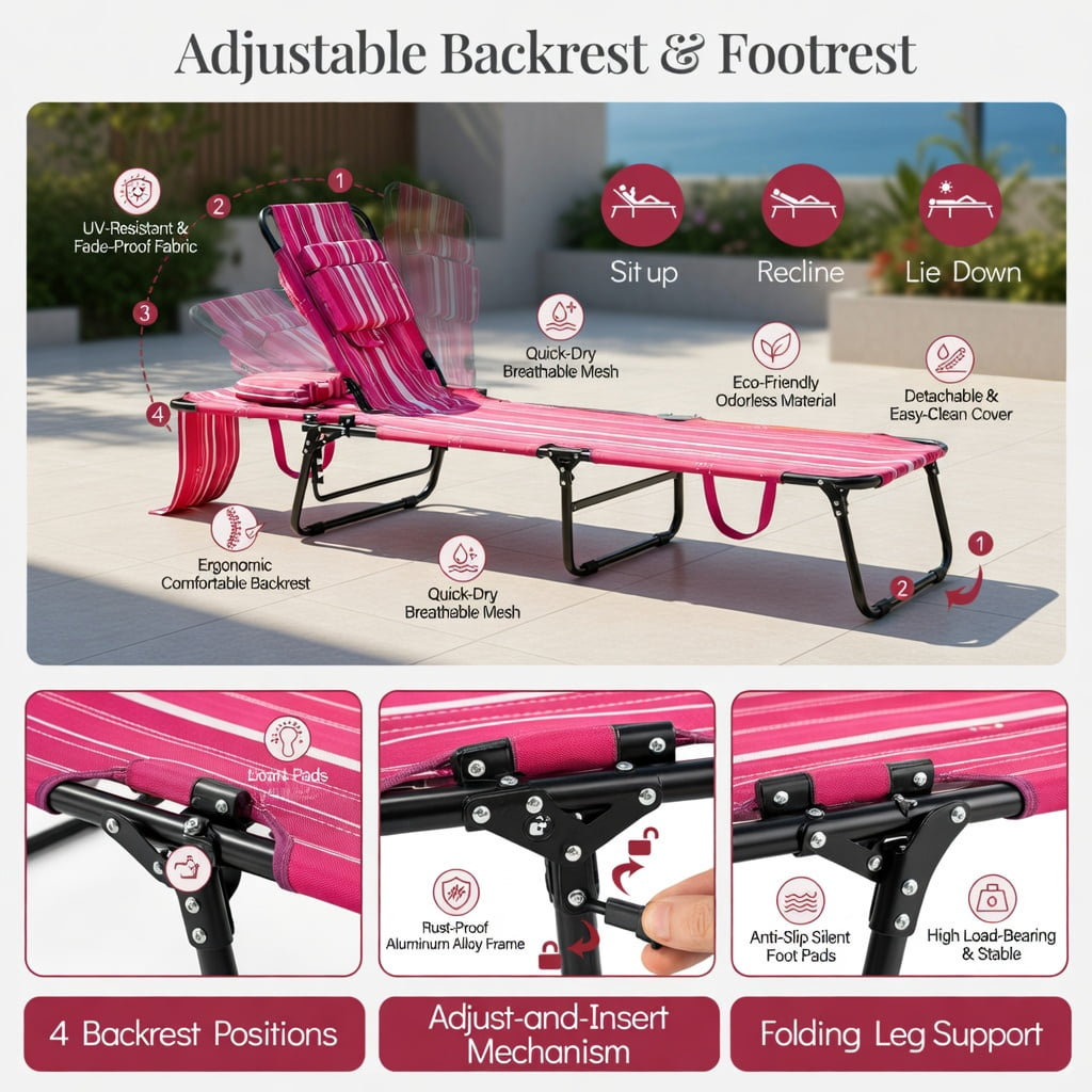 Hommoo Foldable Face-Down Tanning Chair with Adjustable Backrest, 3 Removable Zippered Pillows, Pink Stripe