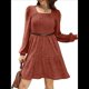 thumbnail image 3 of Vestido Estilo Babydoll Informal de Otoño con Cuello Cuadrado y Larga para Mujer. Rojo Ladrillo M, 3 of 7