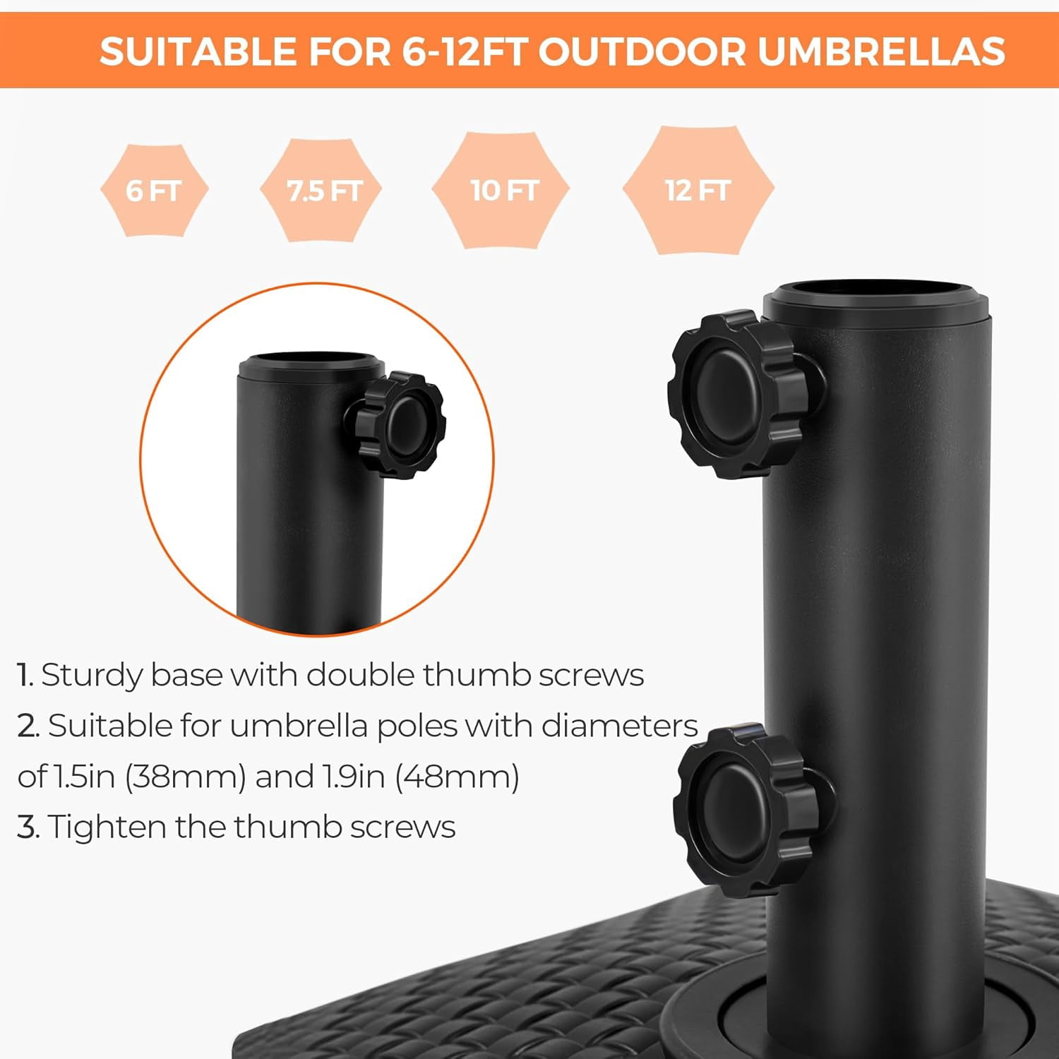 MONGJI 123lb Capacity Fillable Mobile Patio Umbrella Base, Windproof Heavy Duty Market Stand with 4 Wheels, 4 Locks 2 Knobs for Deck, Poolside, Garden,Black-Faux Rattan