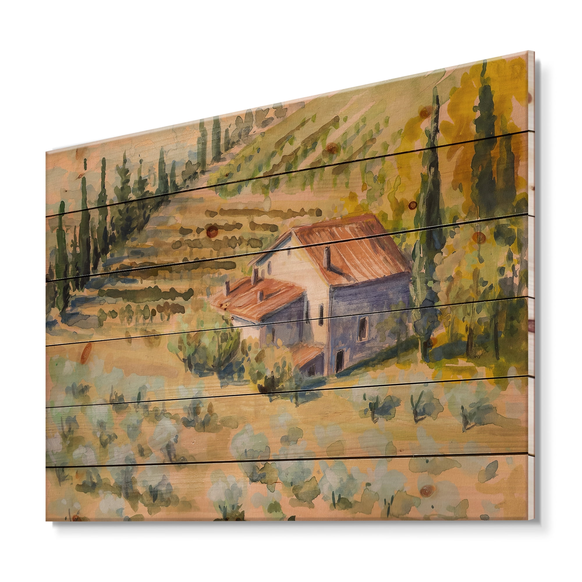 Designart 'Little Farmhouse In Countryside' Country Print on Natural Pine Wood