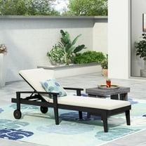 GDF Studio Acacia Wood Outdoor Chaise Lounge Set with Adjustable Recline, Wheels and Cushions, Black   White