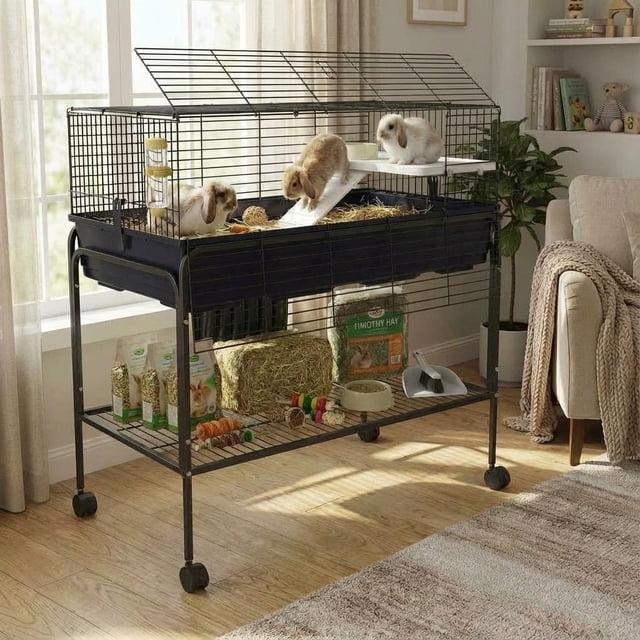 40-Inch Spacious Small Animal Cage with Lockable Rolling Stand - Detachable 2-Way Design, Deep Tray & Storage Shelf, Indoor Habitat for Rabbits, Guinea Pigs, Hamsters, Chinchillas