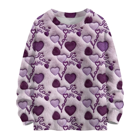 Dwralegc Womens Valentine Sweaters Heart Print Lightweight Sweaters Knitted Crew Neck Casual Valentine Cute Pullover Light Purple M