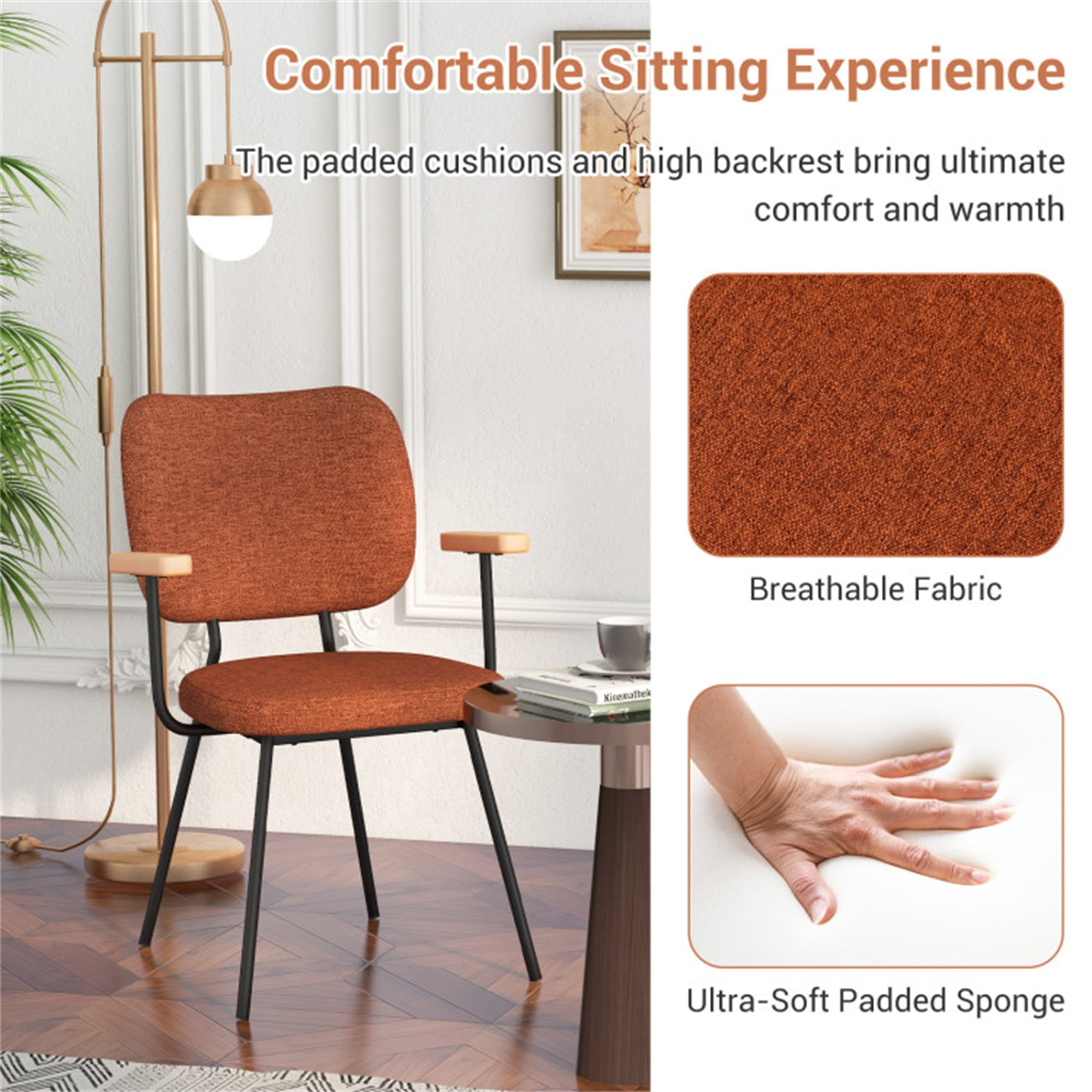 Demi Bonn Set of 2 Modern Fabric Dining Chairs with Armrest and Curved Backrest for Dining Room Living Room, Orange