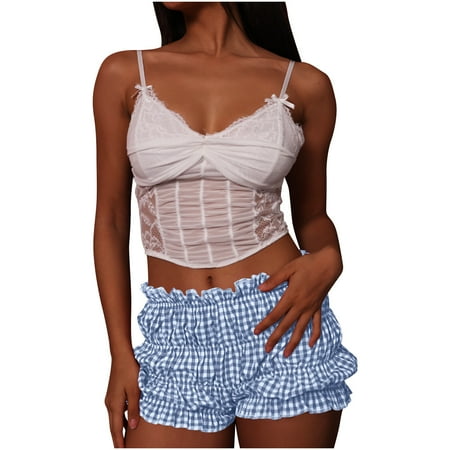 Lenpel Women s Plaid Mini Shorts Cotton Linen Low Rise Ruffle Layered Boxer Lounge Shorts Casual Summer Shorts 2025