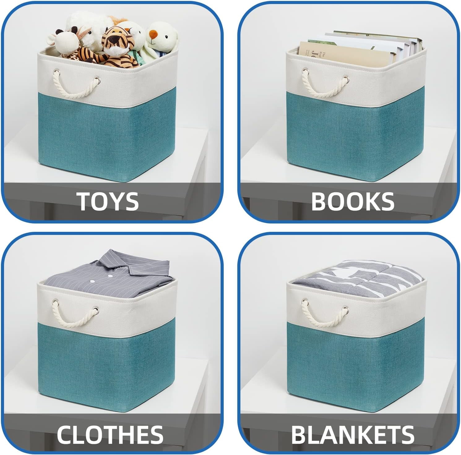 Fabric Storage Baskets Set Of 4 Storage Cube 13x13 Baskets for Shelf, Large Storage Basket for Gift Empty Baskets for Organizing, Storage Bins Cube Basket for Storage (White&Teal)