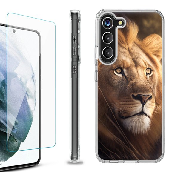 Shockproof Bumper Phone Case for Samsung Galaxy S23 5G, with Tempered Glass Screen Protector, by OneToughShield ® - Lion